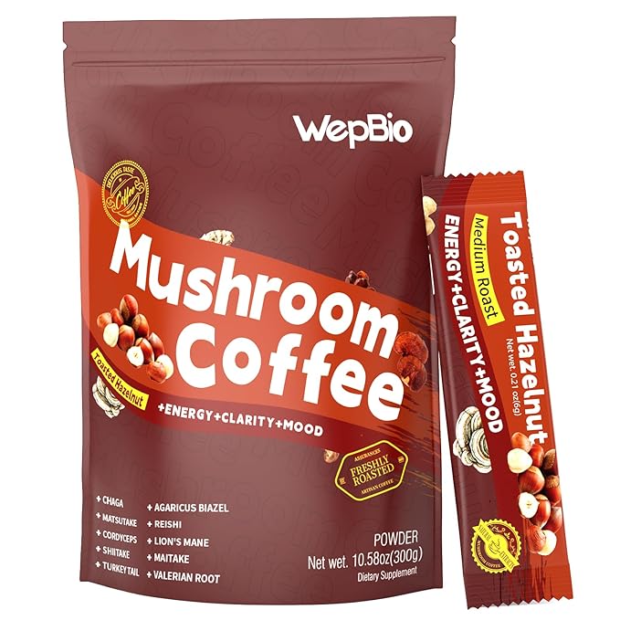 Mushroom Coffee 11 in 1 Adaptogenic Mushroom Blend with Ashwagandha KSM-66,Lions Mane,Reishi,Turkey Tail Hazelnut Instant Mushrooms Coffee for Boost Energy,Focus,Sugar-Free,30 Servings