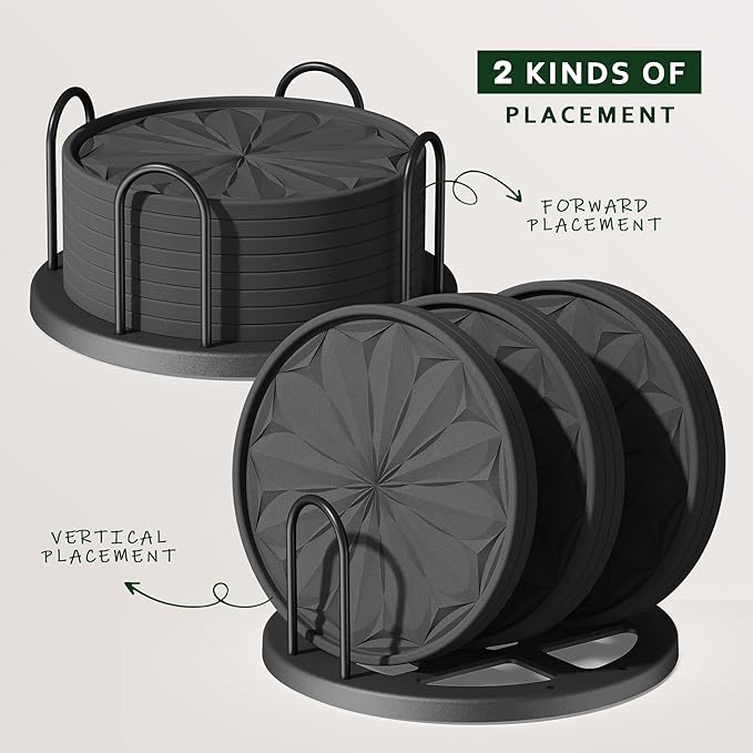 Coasters Set of 8 for Drinks with Holder, 4" Large Silicone Coasters for Coffee Table, Deep Tray Non-Slip Drink Coasters for Table Protection, Heat Resistant & Dishwasher Safe, Black