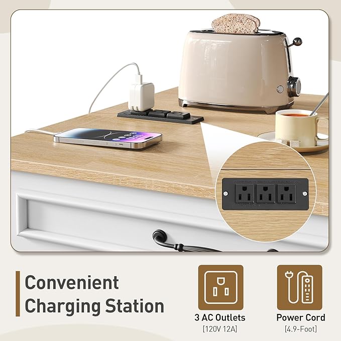 Kitchen Island with Power Outlets & Drop Leaf, Rolling Kitchen Cart on Wheels, Kitchen Storage Island with Spice Rack and Drawer, Mobile Island Table for Kitchen, Dinning, White and Natural