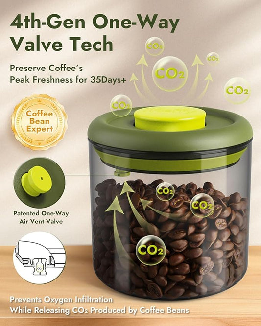 Airtight Coffee Canister – One-Way CO₂ Valve, UV Protection, 3X Thicker Glass, Coffee Bean Storage Container for Ground Coffee & Tea, 30.5 fl oz, for 0.8 lb Beans