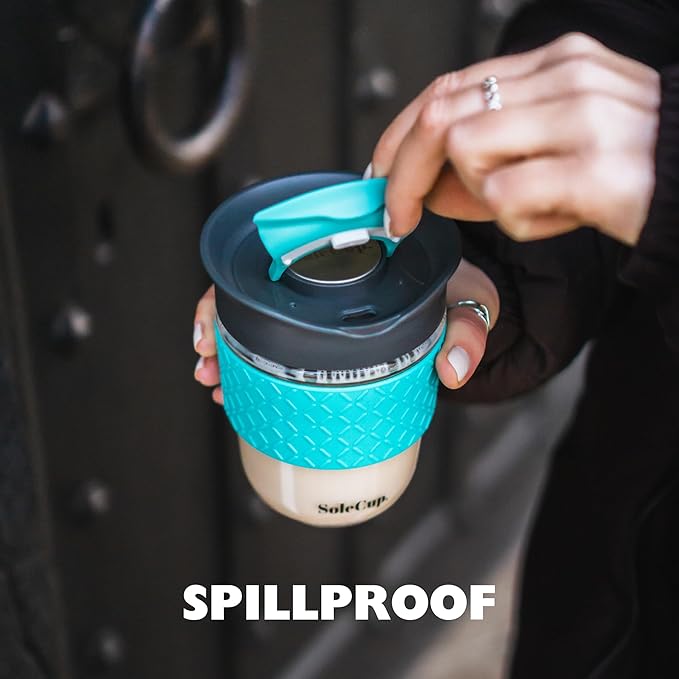 Travel Mug Loose Tea Infuser - Detachable Tea Strainer with Spillproof Lid - BPA-Free Reusable Glass Travel Coffee Cup with Silicone Band (Gray and Blue, 12oz)