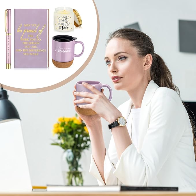 4 Pcs Thank You Gift Set for Women Men Coworker Employee Inspirational Appreciation Gifts Notebook Coffee Mug Scented Candle Pen for Valentine's Day Team Office Staff Teacher Nurse (Puple)