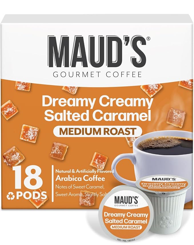 Maud's Salted Caramel Flavored Coffee Pods, 18 ct, Medium Roast Flavored Coffee in Recyclable Single Serve Pods – 100% Arabica Beans, Compatible with Keurig K Cups Maker