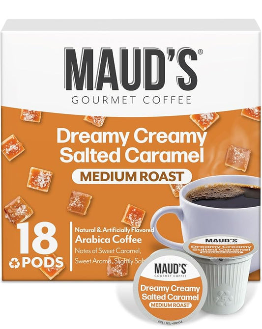 Maud's Salted Caramel Flavored Coffee Pods, 18 ct, Medium Roast Flavored Coffee in Recyclable Single Serve Pods – 100% Arabica Beans, Compatible with Keurig K Cups Maker