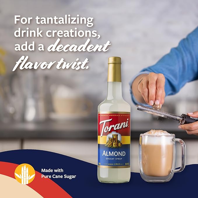 Torani Coffee Syrup, Almond Orgeat Flavored Syrup for Drinks, Glass Bottle with Pump Included, 25.4 Fl Oz