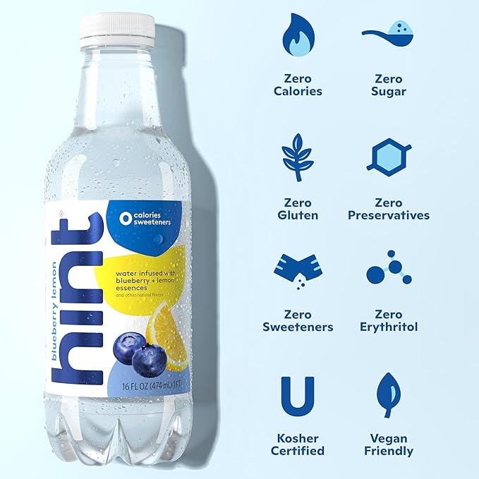 Hint Fruit-Infused Bottled Water, Blueberry Lemon - Sugar Free Flavored Water with Zero Calories, Natural Fruit Essences, and No Artificial Sweeteners - 16 Fl Oz (Pack of 12)