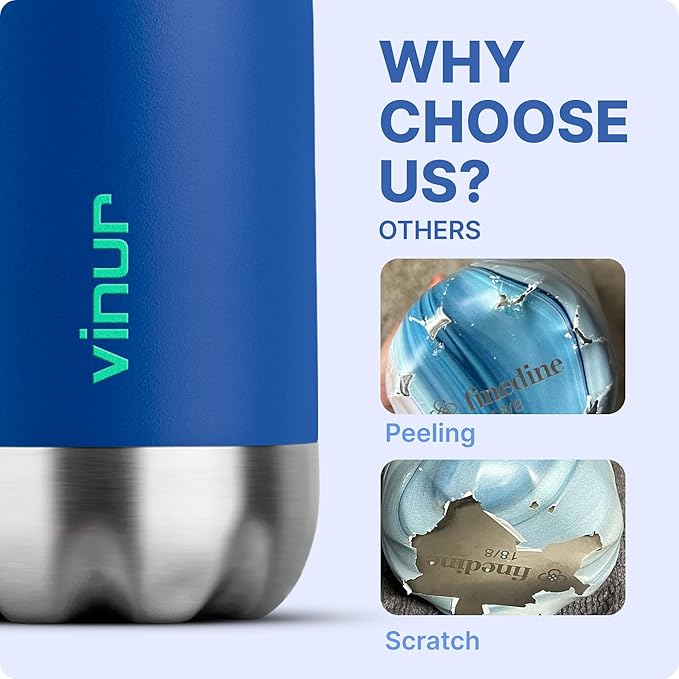 VINUR Kids Water Bottle-12 oz Stainless Steel Double Wall Vacuum Insulated Water Bottle for School-Cola Shape Flask with Carry Rope(Navy)