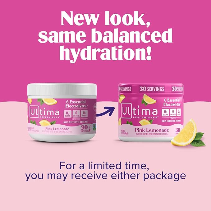 Ultima Replenisher Daily Electrolyte Powder Drink Mix – Sugar Free – Pink Lemonade, 30 Serving – Hydration Powder with 6 Key Electrolytes and Trace Minerals – Keto Friendly, Vegan, Non-GMO