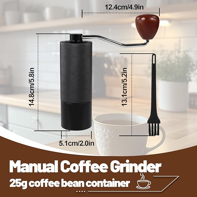 Manual Coffee Grinder Non-Detachable Stainless Steel Conical Burr Aluminum Coffee Bean Grinder with 25 Grinding Settings Cleaning Brush Grindable Espresso Moka Pot French Press for Camping Black
