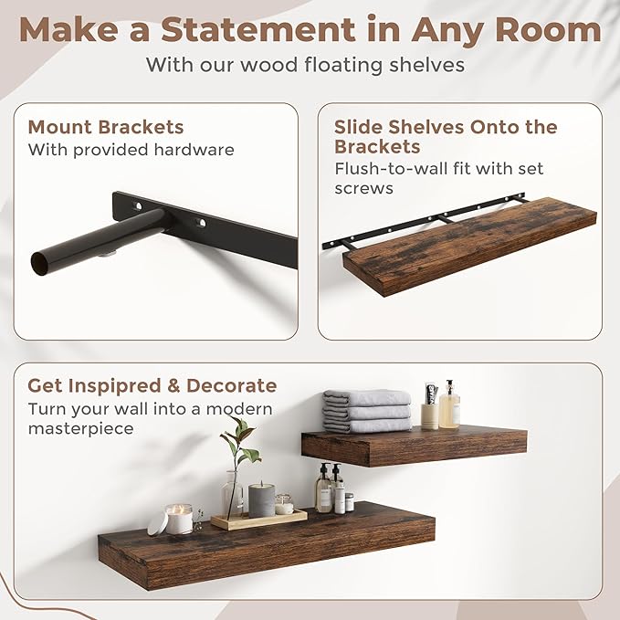 12" Deep Floating Shelves for Wall with Invisible Brackets, Wall Mounted Engineered Wood Shelves with Wood Grain for Living Room, Bedroom, Kitchen Decor and Storage, 72"L Set of 1, Rustic Brown