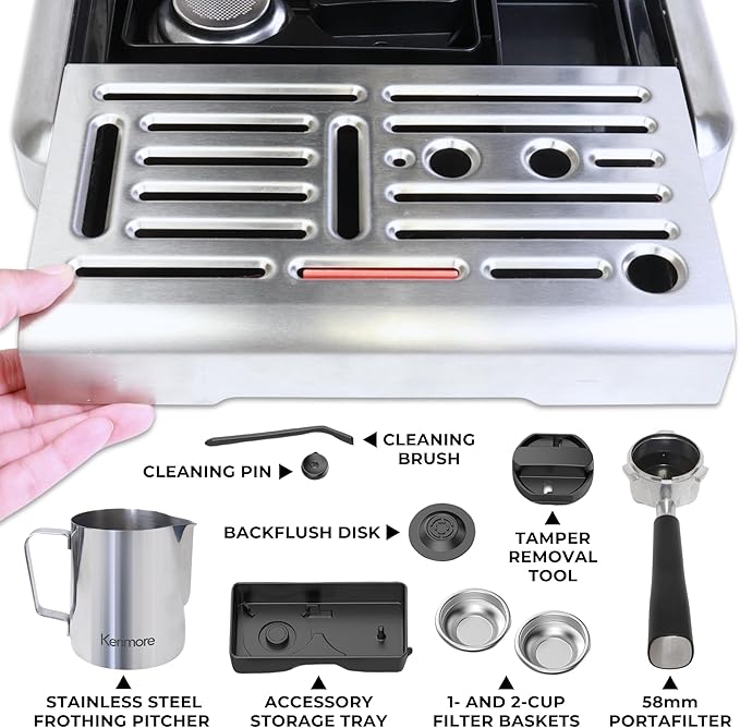 Kenmore Elite Espresso Machine – Automatic Coffee Maker with Auto Tamper, Auto Cleaning, Milk Steamer & Frother, Bean Grinder, Brew Professional Barista Style Cappuccino, Café Latte