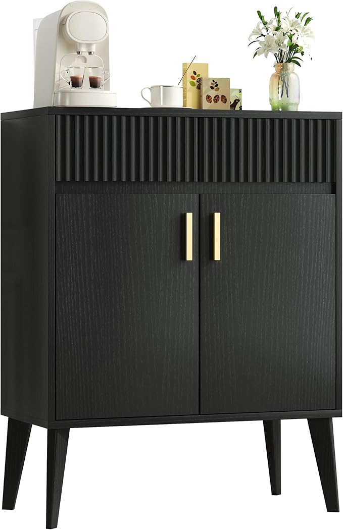Sideboard Storage Cabinet with 2 Drawers & 2 Doors, Fluted Kitchen Buffet Cabinet with Adjustable Shelves, Coffee Bar Station for Living Room, Entryway, 13.8 x 27.6 x 35.6 Inches, Black