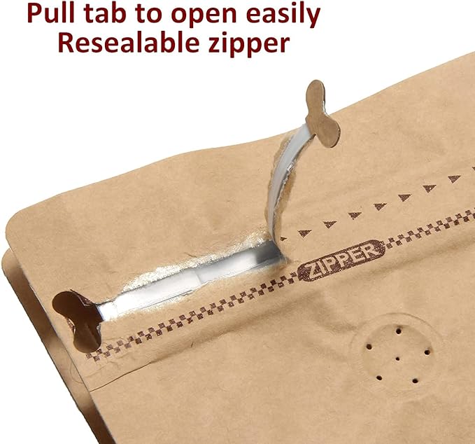 50 Pieces 12 Ounce Kraft Paper Stand Up Coffee Bag/Flat Bottom Pouch with Air Release Valve and Reusable Side Zipper. (50pcs, ¾lb/12oz/340g)