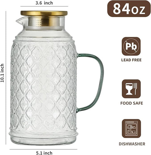 Glass Pitcher with Lid, 2 PACK 84 oz/2.5L Liter Vintage Water Pitcher, Clear Borosilicate Glass Water Carafe for Cold Brew, Coffee, Lemonade, Iced Tea,Beverage, Heat Resistant