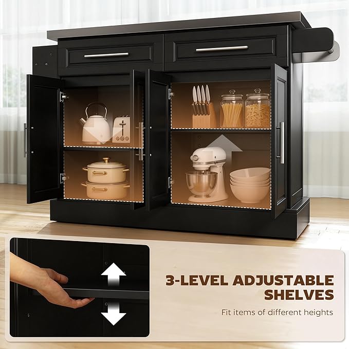 HOMCOM Rolling Kitchen Island Cart with 47" Stainless Steel Top, Portable Island Table for Kitchen with Wheels, Adjustable Shelves, 2 Drawers, Spice, Knife and Towel Rack, Black