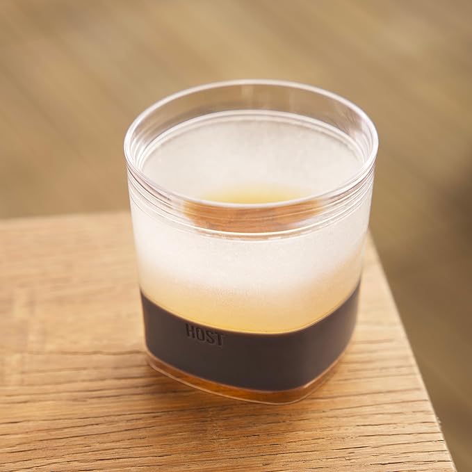 Host Whiskey Freeze Glasses, Double Old Fashioned Glasses, Chill Without Dilution for Brandy, Vodka, Gin, Rum, and Cold Brew Cocktails, Bourbon Gifts for Men, Home Bar, 9 oz, Set of 2, Grey