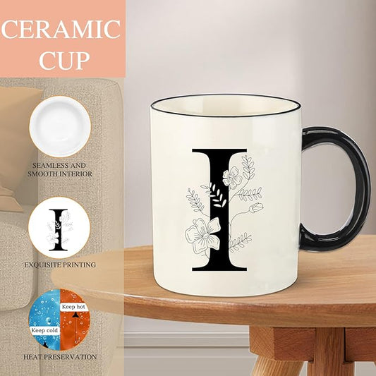 Monogram Ceramic Coffee Mugs, 11 oz Initial Drinking Cup with Gift Box, Unique Birthday Christmas Gifts for Women Wife Mothers Day Grandma Mom Aunt, I