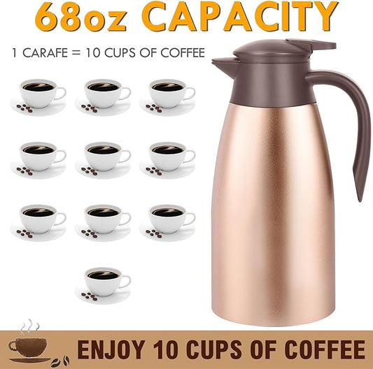 68oz Thermal Coffee Carafe, Stainless Steel Coffee Carafes for Keeping Hot, Airpot Insulated Tea Pot Dispenser for Hot Water, Tea, Hot Beverage - Keep 12 Hours Hot, 24 Hours Cold, Champagne Gold