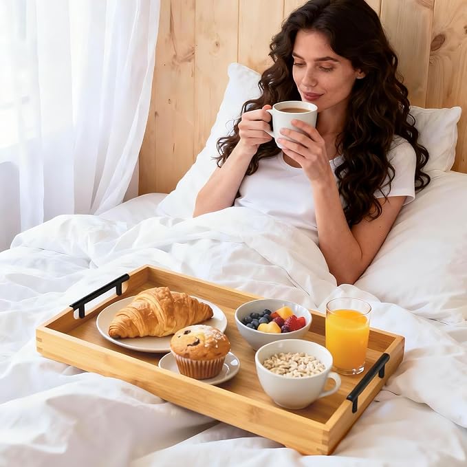 Krismax Wooden Serving Tray with Handles, Serving Platter 15.7x11.4 Inch Food Drinks Tray for Coffee Table,Decorative Storage Tray for Entertaining, Breakfast Tray in Bed,Lunch,Dinner,BBQ(Bamboo)
