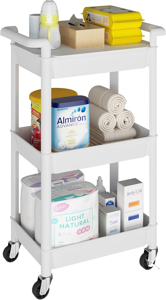 MIOCASA Utility Rolling Cart with Cover Top Board, 3-Tier Kitchen Storage Organization, Art Cart with Wheels for Office, Classroom, Livingroom, Kitchen, Bathroom (White, 3-Tier-Plastic)