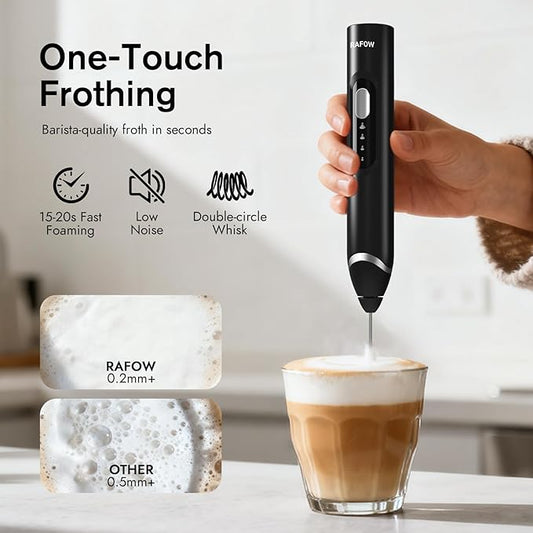 RAFOW Handheld Electric Milk Frother: Rechargeable Frother Wand with Stand, 3 Speeds & Detachable Double Whisk Drink Mixer, Froth Stirrer for Latte, Cappuccino, Cream, Matcha, Dalgona Coffee - Black