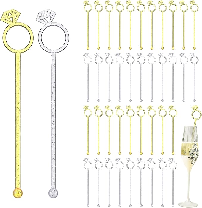 30 Pcs 6 Inch Diamond Ring Coffee Stirrers Reusable Cocktail Wedding Drink Stirrers Golden Silver Plastic Beverage Swizzle Stick for Wedding Party Festival(Golden, Silver)