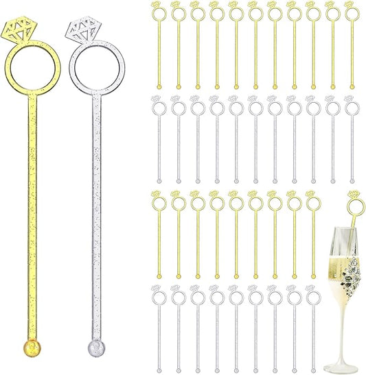 30 Pcs 6 Inch Diamond Ring Coffee Stirrers Reusable Cocktail Wedding Drink Stirrers Golden Silver Plastic Beverage Swizzle Stick for Wedding Party Festival(Golden, Silver)
