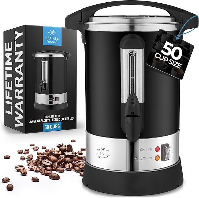 Zulay Kitchen Commercial Grade Coffee Maker Hot Water Urn - Percolator With Double-Wall Stainless Steel, Quick Brew, Stays Hot for Tea & Beverage at Events & Catering - Black - 50 cups
