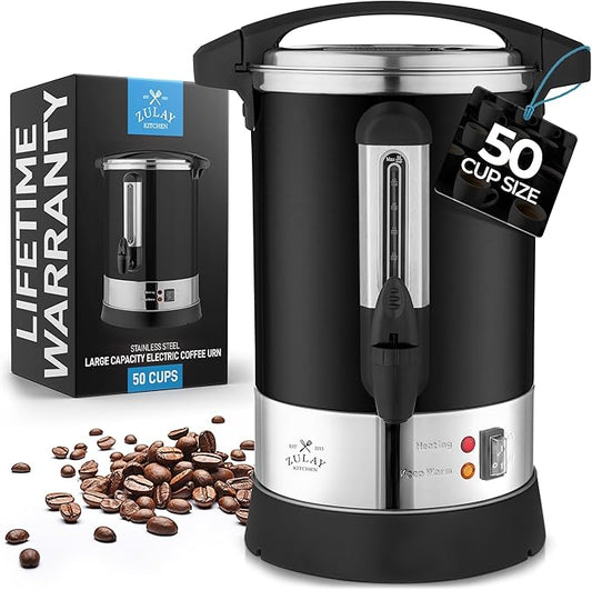 Zulay Kitchen Commercial Grade Coffee Maker Hot Water Urn - Percolator With Double-Wall Stainless Steel, Quick Brew, Stays Hot for Tea & Beverage at Events & Catering - Black - 50 cups