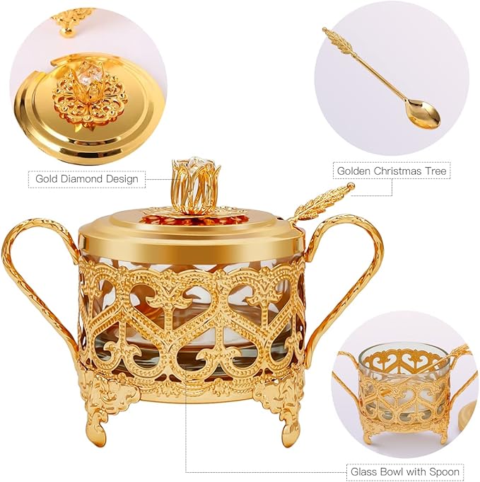 Flylin Sugar Bowl, Turkish Sugar Bowl Sugar with Sugar Spoon and Lid Dual Holder Bowl Condiment Pot Spice Glass Jar Coffee Bar Accessories Sugar Container for Home and Kitchen
