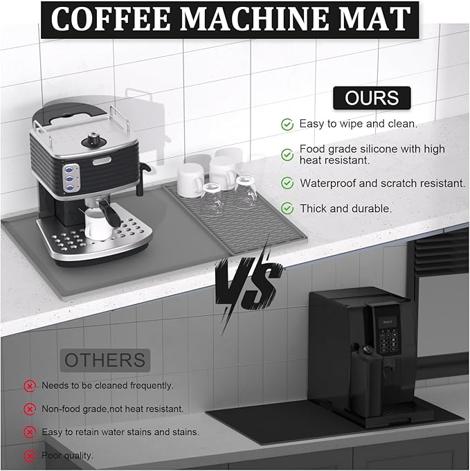 BLESWIN Silicone Coffee Mat, 16x24 Inches - Non-Slip Bar Mat with Raised Edges and Removable Drying Pad, Fits Under Coffee Makers/Espresso Machines, Heat-Resistant Countertop Protector (Grey)
