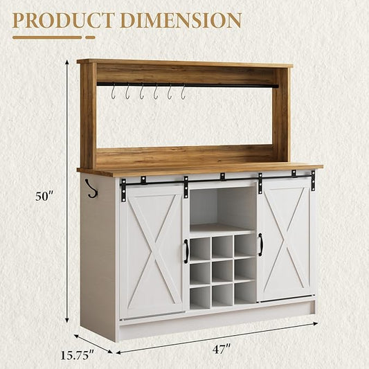 4ever2buy Farmhouse Coffee Bar Cabinet with Hutch, 47 Inch Buffet Cabinet with Storage, White Wine Bar with 9 Wine Racks and 6 Hooks, Coffee Bar Table with Adjustable Shelves for Living Dining Room