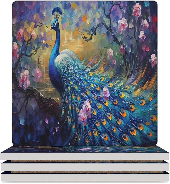 Square-4PCS Peacock Ceramic Coasters, Square Absorbent Drink Coasters, Vintage Watercolor Style Floral Beautiful Blue Peacock Ceramic Table Coasters for Coffee, Beverage, Wine, Beer Coasters