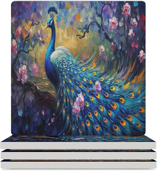 Square-4PCS Peacock Ceramic Coasters, Square Absorbent Drink Coasters, Vintage Watercolor Style Floral Beautiful Blue Peacock Ceramic Table Coasters for Coffee, Beverage, Wine, Beer Coasters