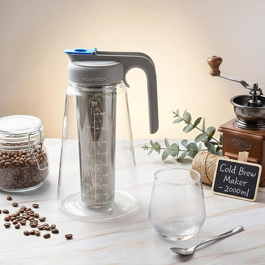 ECORELAX Cold Brew Coffee Maker,High Transparency Borosilicate Glass Container with Stainless Steel Filter, Iced Tea Pitcher with Lid,Modern Style, Ergonomic Handle,Spill-proof Lid (（Gray 64oz)