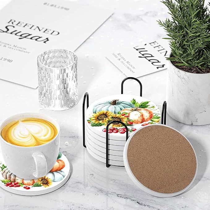 Drink Coasters for Drinks Set of 6, Autumn Pumpkins Sunflower and Berries Absorbent Round Ceramic Stone Mat Coaster, with Cork Base and Metal Holder, Home Bar Decor House Warming Gift