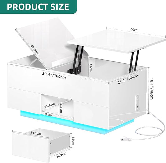 YITAHOME LED Lift Top Coffee Tables for Living Room with Power Outlets Charging Station, Modern Coffee Table with Storage 2 Drawers and Open Shelfs Rectangular Small Coffee Table Decor, Glossy White