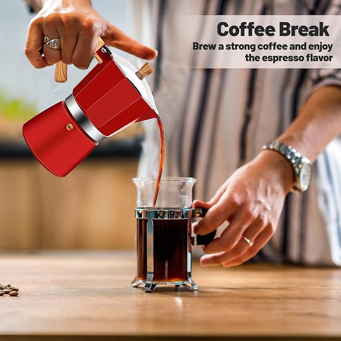 Vaolvpant 3 Cup Aluminum Moka Pot Classic Stovetop Espresso Coffee Maker 150ml 5oz Coffeemaker Percolator Mocha Pot Greca Coffee Maker Cafe Makers for Italian and Cuban Café Brewing Red