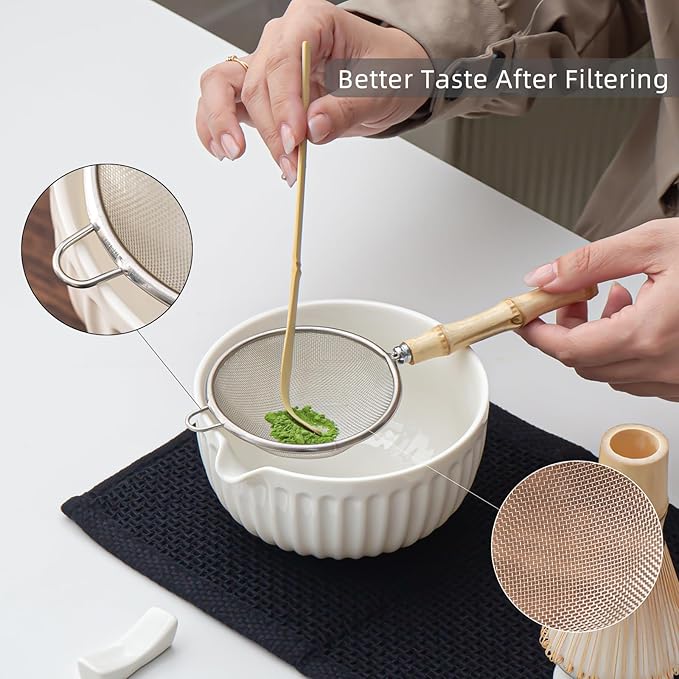 Matcha Whisk Set, Matcha Set Includes Ceramic Matcha Bowl, Matcha Whisk and Holder, Bamboo Scoop, Sifter, Scoop Rest and Tea Towel - 7 Pcs Matcha Making Kit for Matcha Lover and Tea Ceremony