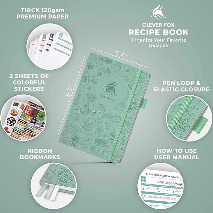 Clever Fox Recipe Book – Blank Family Cookbook – Empty Cooking Journal – Notebook Organizer to Write In Recipes – Medium, A5 (Mint Cream)
