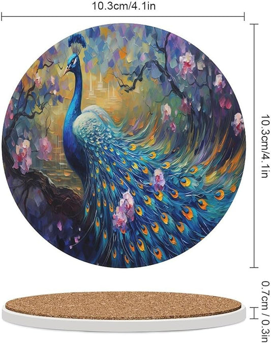 Peacock Drink Coasters, Round Ceramic Drink Coaster Round-6PCS, Vintage Watercolor Style Floral Beautiful Blue Peacock Decor Absorbent Ceramic Coasters for Beverage Cup, Bar, Coffee Table