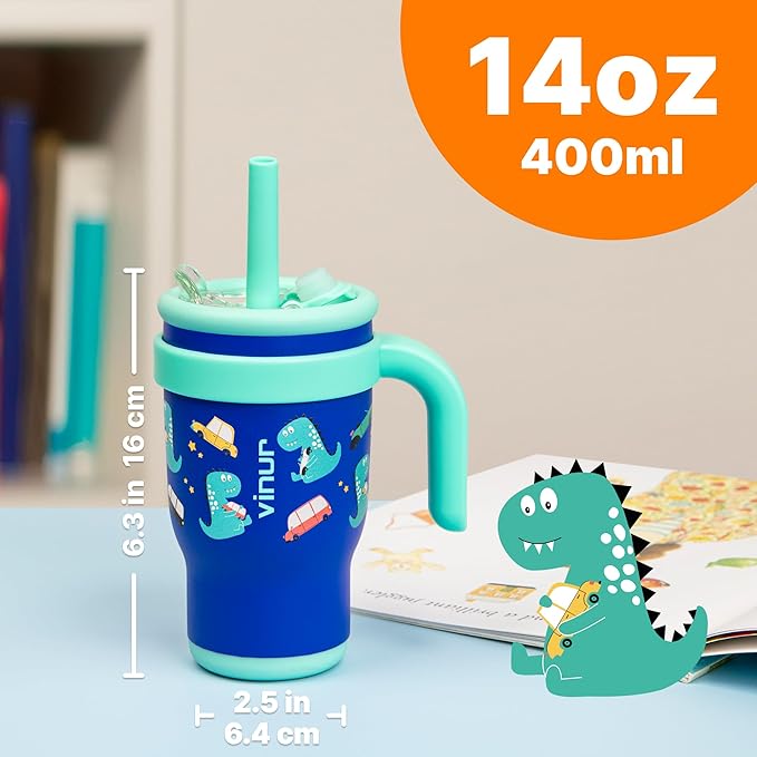 VINUR Kids Tumbler with Handle 14 oz Stainless Steel Double Wall Vacuum Insulated Tumbler with Lid and Straw, Leak Proof Water Cup for Travel (Dinosaur)
