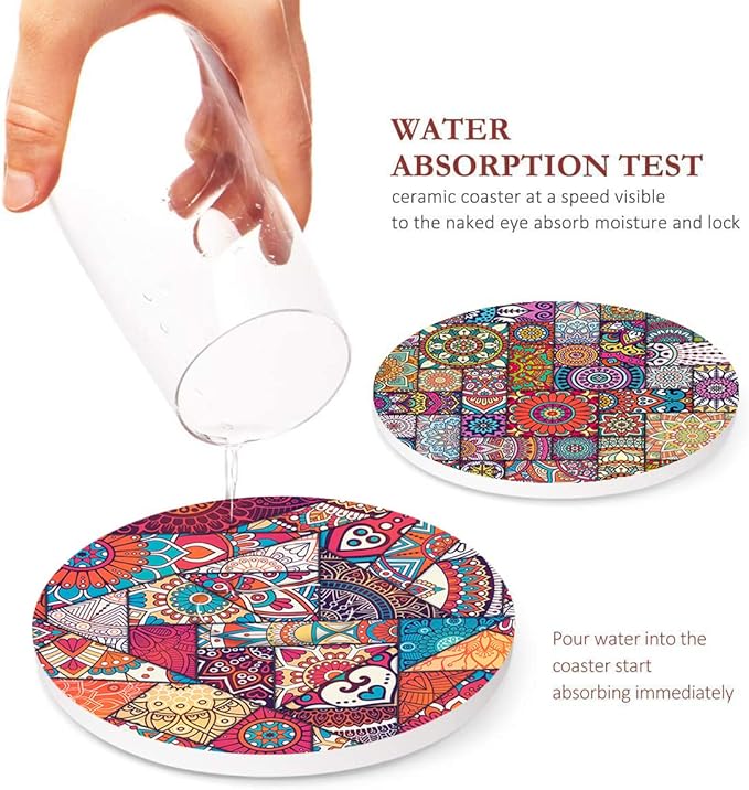 Britimes Coaster for Drinks Set of 6, Vintage Ottoman Flower Mexican Mandala Table Absorbent Round Ceramic Stone Mat, with Cork Base and Metal Holder, Gift for Housewarming Room Bar Decor