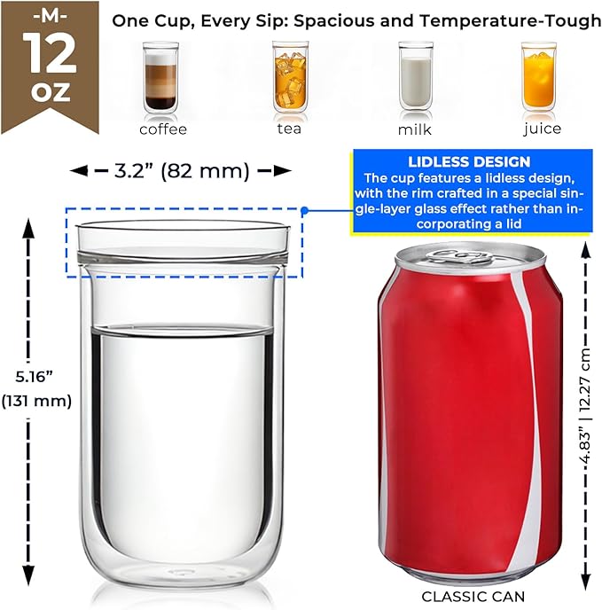 Aquach 12 Oz Double Walled Glass Coffee Mugs, Clear Glass Tea Cups, Microwave and Dishwasher Safe Home Office Insulated Cups Perfect for Americano Latte Hot&Cold Beverages, 2-Pack