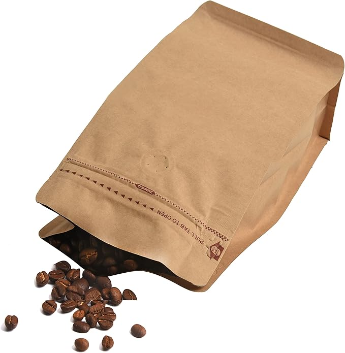 100 Count 0.25 lb Kraft Paper Coffee Bags - High Barrier Kraft & Foil Liner - Flat Bottom Coffee Pouches with Degassing Valve, Food Storage Bags with Rsealable Zipper & Easy Open Tape (100pcs,
