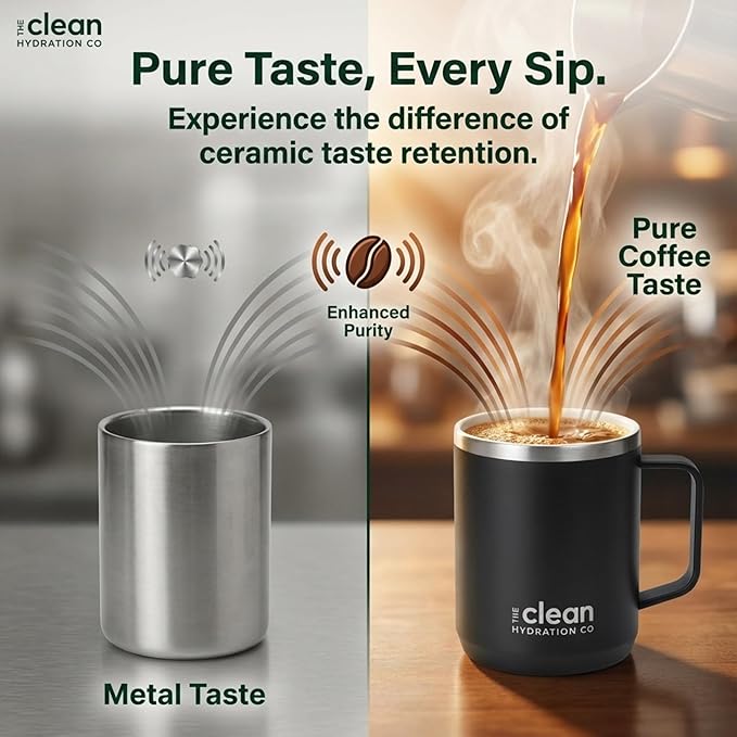 Coffee Mug Travel Mug Insulated 12 Oz | Ceramic Lined Travel Cup with Lid | Reusable Office Mug Double Wall Vacuum Eco-Friendly BPA-Free (Black)