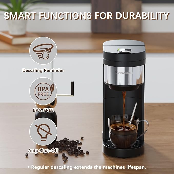 Brewmann Single Serve Hot & Iced Coffee Maker, for K Cup Pod and Grounds, 6 to 24oz Brew Size, Slim Compact for Small Spaces, Descaling Reminder, with Reusable Filters, Black