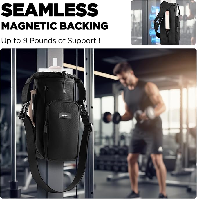 EasyAcc Magnetic Gym Bag, Upgraded 5X Super Strong Magnetic Gym Water Bottle Bag Holder Carrier, 5 Built-in Magnets, Phone Pockets, Shoulder Strap, Gifts for Gym Lovers Gym Accessories for Men Women