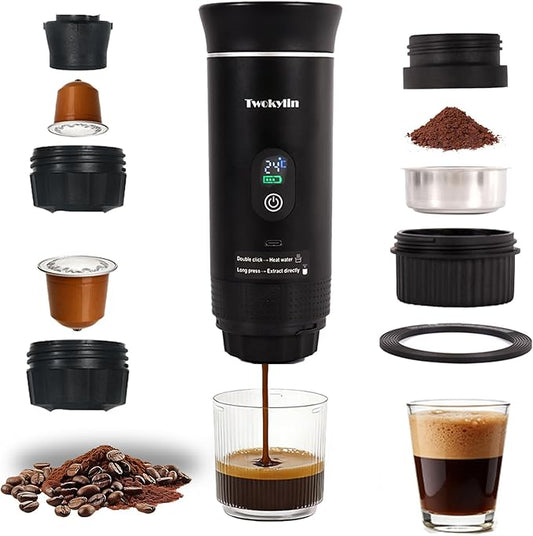 Espresso machine Portable coffee maker Small battery-powered coffee cup Self-heating portable espresso capsule machine,3-IN-1 Compatible with ground coffee and capsules Great for hiking and camping