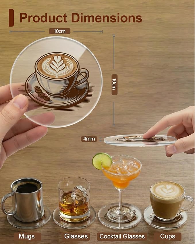 Acrylic Coasters Set of 4, Bar Drink Coasters for Cocktails, Whiskey, Coffee, Clear Modern Drink Coasters for Home Bar, Coffee Table & Office Desk, Cold Drinks, Office Decor, Non-Scratch & Easy Clean